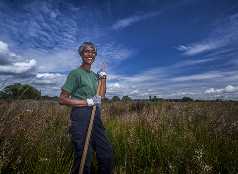 Volunteer stands in the grassland