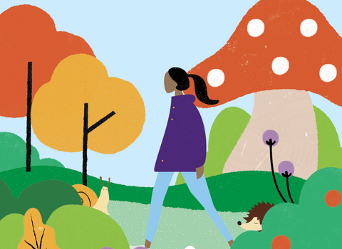 Illustration of a colourful, abstract landscape with a pale blue sky. In the foreground of the image are hedges, flowers, a hedgehog, and a snail. Slightly further from the foreground is a character wearing a purple coat with black hair in a ponytail, walking towards the left-hand side of the image. In the background are trees and an oversized mushroom.