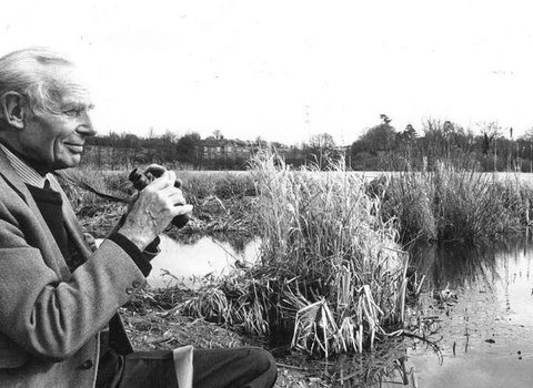 Man surrounded by nature and a lake, looking through binoculars