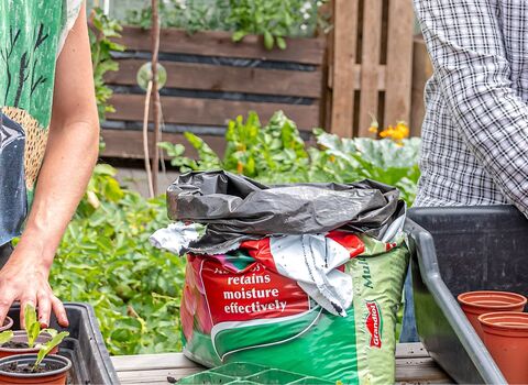 Two people putting plants into plant pots