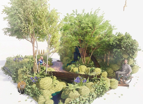 Computer generated graphic depicting The Wildlife Trusts' British Rainforest Garden coming to RHS Chelsea 2025, including several tall trees, a walkway with a wheelchair user at one end and another visitor sitting on a log just off the path. Also includes a small waterfall and mossy boulders around the edges.