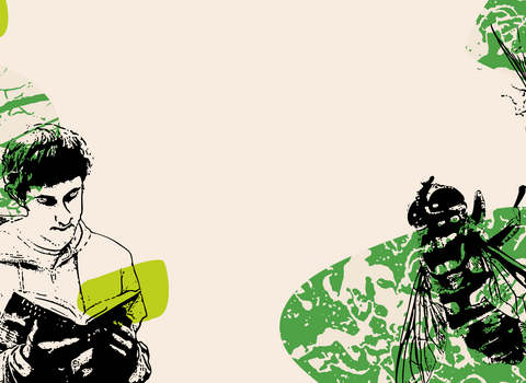 Graphical banner with green pebble elements and black and white illustrations of a man in a hoody reading a book and two hoverflies