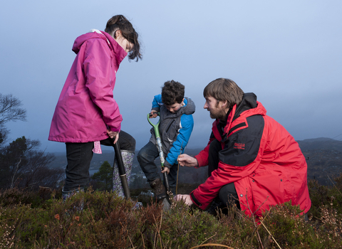 Two children and an adult planting trees