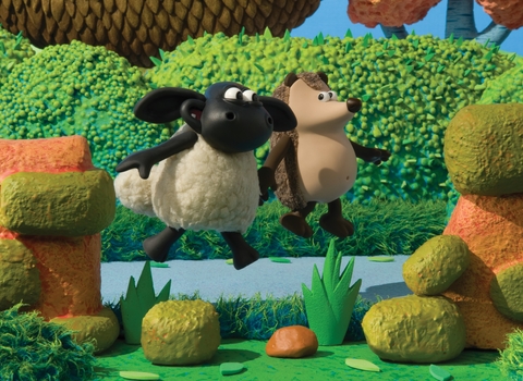 Timmy the sheep and Apricot the hedgehog holding hands skipping down a lane