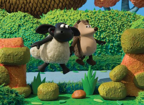 Timmy the sheep and Apricot the hedgehog holding hands skipping down a lane