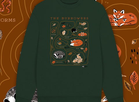 A green sweatshirt with illustrated wildlife on a brown background