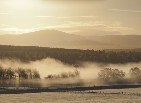 Mist over River Spey and Strathspey in winter, Cairngorms National Park, Scotland, UK