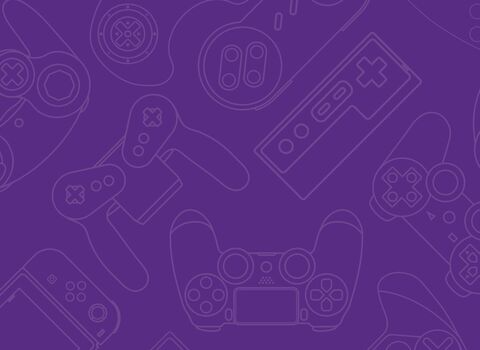 Line drawings of common gaming controllers on a purple background