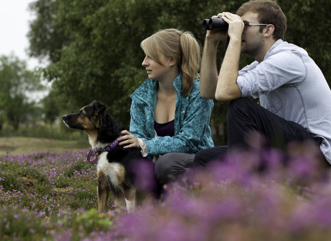 A young man and woman sit amongst flowering heather, with a dog on a lead sat beside them. The woman has her hands on the dog, whilst the man looks through a pair of binoculars.